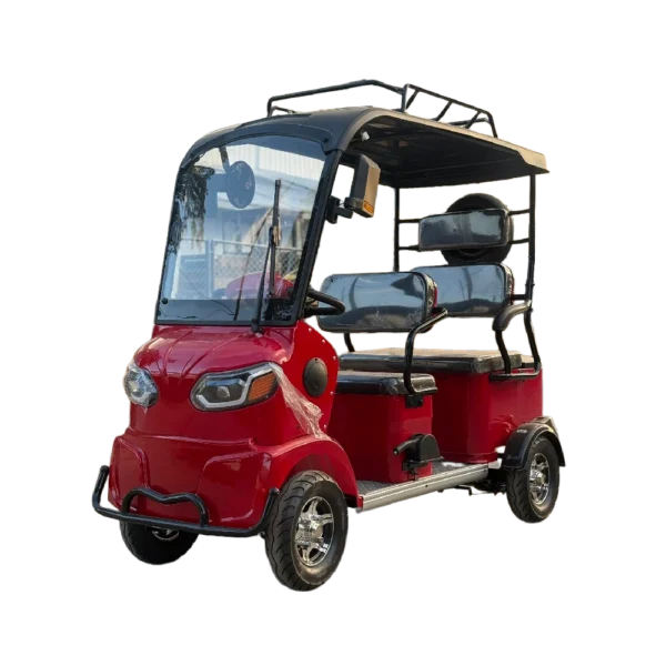 Red electric passenger tricycle with front cabin enclosure and roof for comfortable transport