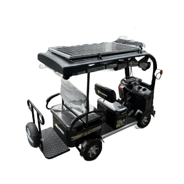 Solar powered electric tricycle with rear cargo deck and roof solar panel