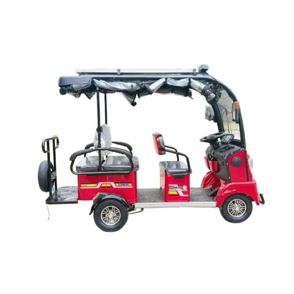 Side view of solar electric tricycle with extended canopy and solar panel roof