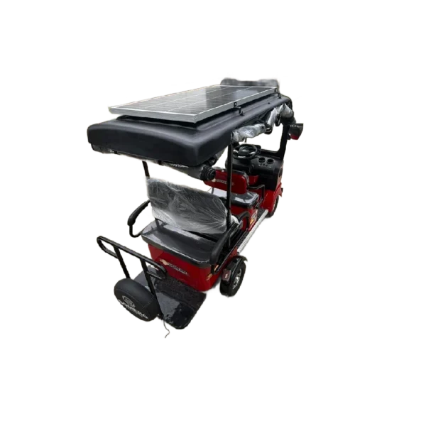 Top rear view of solar electric tricycle with roof-mounted solar panel and cargo platform