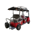 Rear angled view of red 6-seater electric passenger tricycle with canopy roof and passenger seating