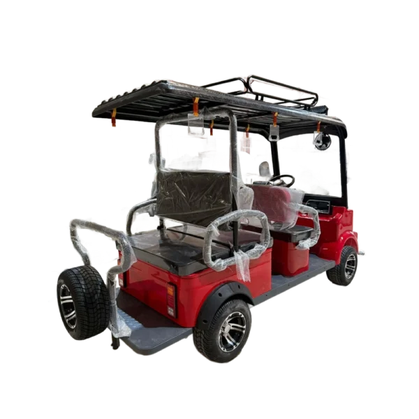 Rear angled view of red 6-seater electric passenger tricycle with canopy roof and passenger seating