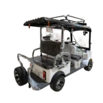 Rear angled view of 6-seater white electric passenger tricycle with roof rack and spare tire
