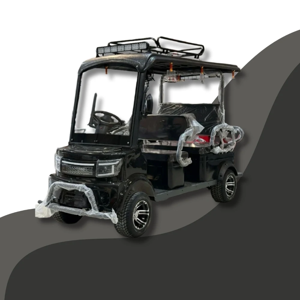 Black electric passenger tricycle with enclosed cabin and front angled view showing seating and windshield