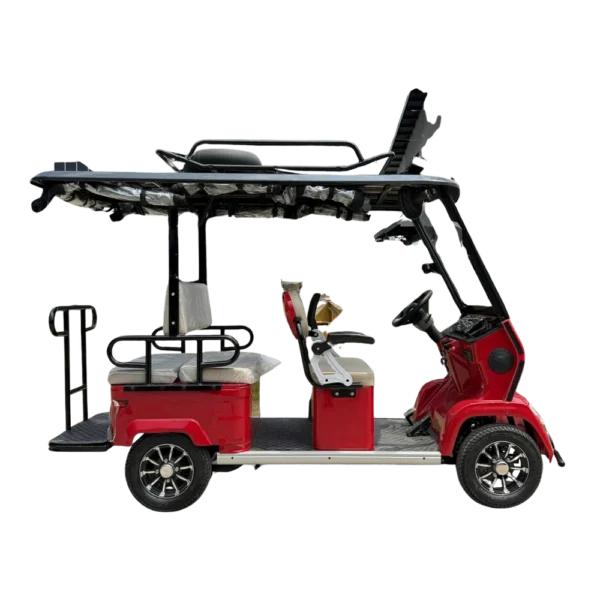 Side view of red electric passenger tricycle for sale in the Philippines with roof and seating