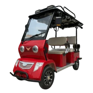 Front angled view of red electric passenger tricycle with windshield and modern design in the Philippines