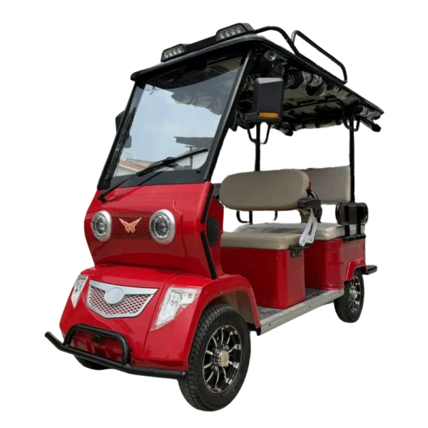 Front angled view of red electric passenger tricycle with windshield and modern design in the Philippines