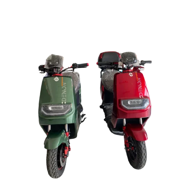 Front view of electric motorcycles in green and red showing design and lighting