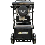 Rear view of electric passenger tricycle with mounted spare wheel and back storage area