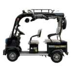 Side view of electric passenger tricycle with open frame and seating layout