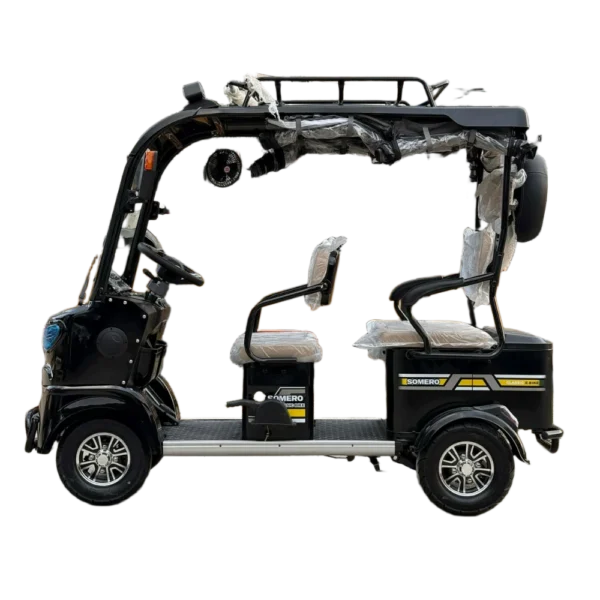 Side view of electric passenger tricycle with open frame and seating layout