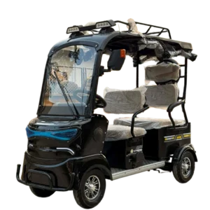 Front angled view of electric tricycle with windshield and enclosed cabin design