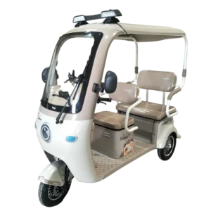 Beige electric passenger tricycle with roof and comfortable seating for urban transport