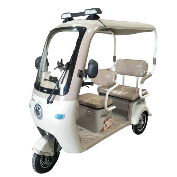 Beige electric passenger tricycle with roof and comfortable seating for urban transport