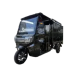 Angled front view of electric passenger tricycle with enclosed body and roof