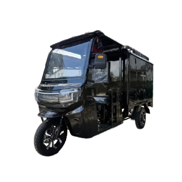 Angled front view of electric passenger tricycle with enclosed body and roof