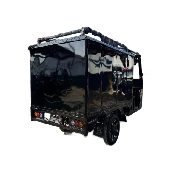 Rear view of electric passenger tricycle with cabin enclosure and back panel design