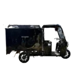 Side view of electric passenger tricycle with enclosed cabin and dark body finish