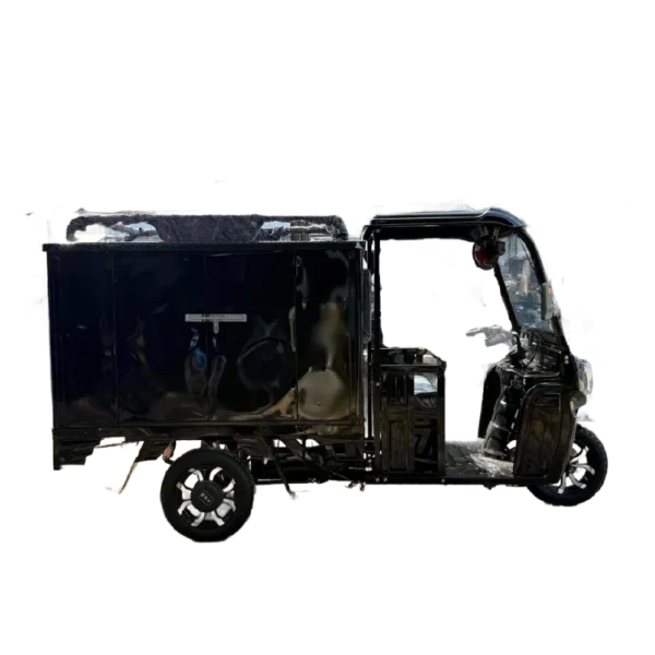 Side view of electric passenger tricycle with enclosed cabin and dark body finish