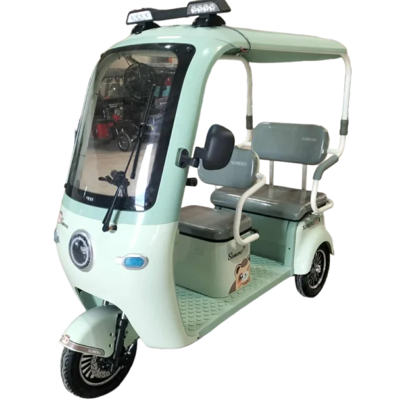 Green electric passenger tricycle with canopy and eco-friendly transport design