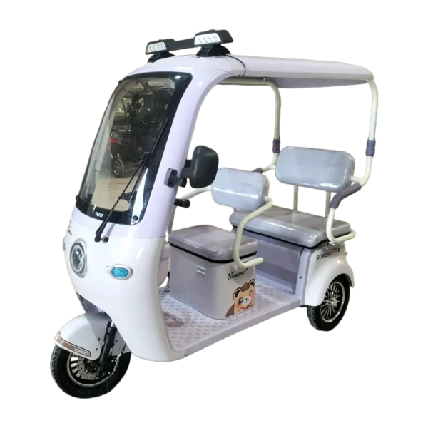 White and Light Purple electric passenger tricycle with modern design and passenger seating