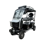 Black four-wheel electric passenger tricycle with front windshield and elevated roof design