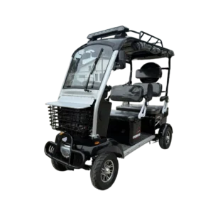 Black four-wheel electric passenger tricycle with front windshield and elevated roof design