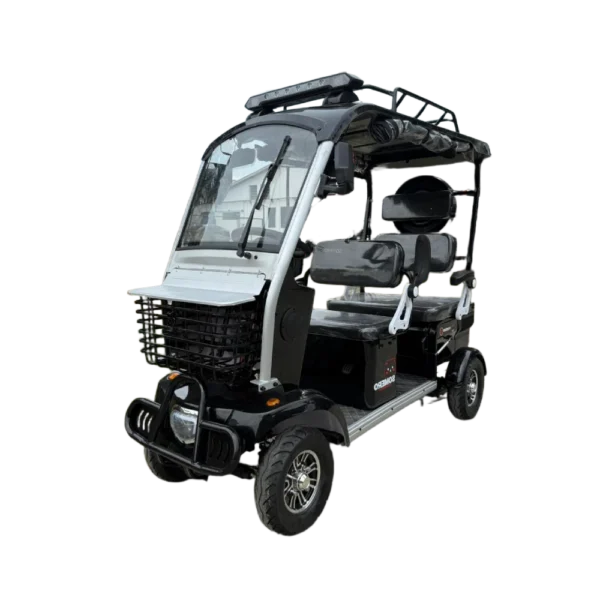 Black four-wheel electric passenger tricycle with front windshield and elevated roof design