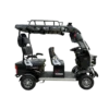 Left side view of black electric tricycle with rear passenger seating and open frame layout