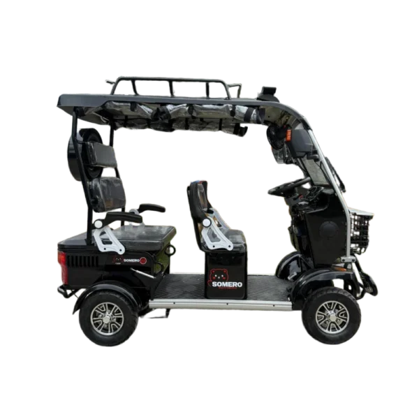 Left side view of black electric tricycle with rear passenger seating and open frame layout