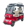 Red electric passenger tricycle with enclosed front cabin and roof for weather protection