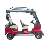 Red electric tricycle with canopy frame and spacious passenger seating layout