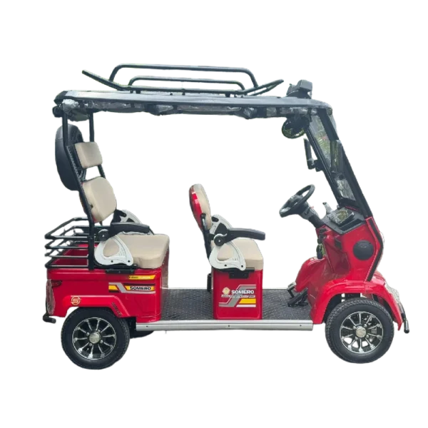 Red electric tricycle with canopy frame and spacious passenger seating layout