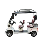 Open-type electric passenger tricycle with dual seating and roof frame design