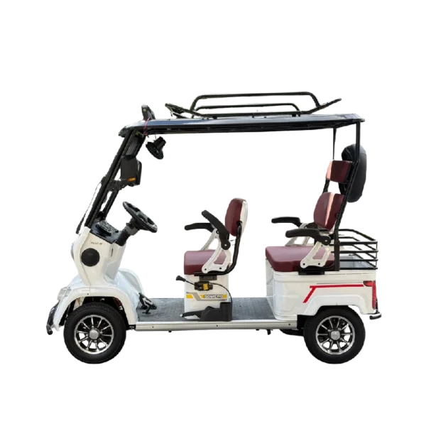 Open-type electric passenger tricycle with dual seating and roof frame design