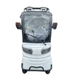 Front view of white solar electric passenger tricycle with windshield and roof panel system
