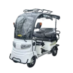 Right side view of white solar electric passenger tricycle with canopy and seating layout