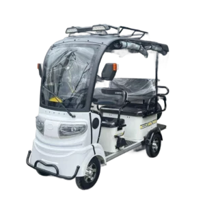 Right side view of white solar electric passenger tricycle with canopy and seating layout