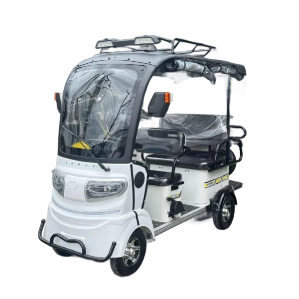 Right side view of white solar electric passenger tricycle with canopy and seating layout