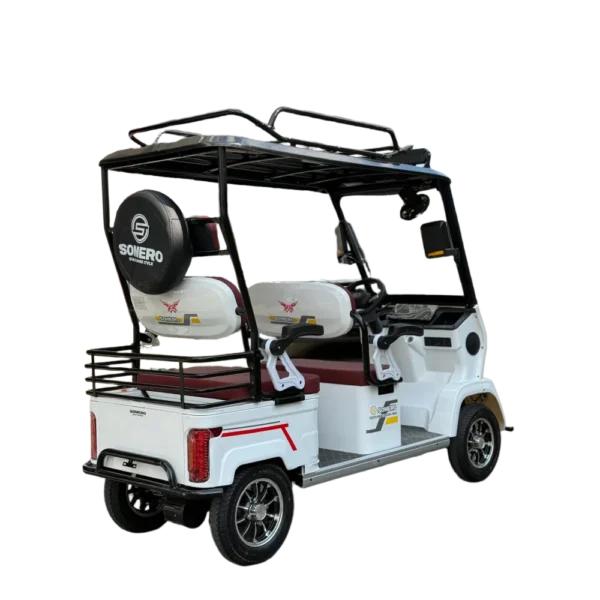 Electric tricycle with rear cargo rack and spare tire for passenger and utility use