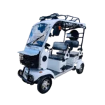 White electric passenger tricycle with enclosed front cabin and multi-passenger seating