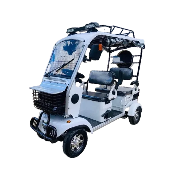 White electric passenger tricycle with enclosed front cabin and multi-passenger seating