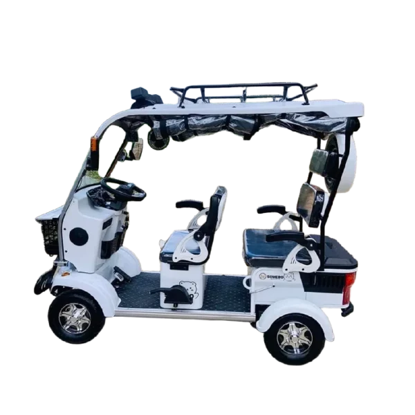 Side view of white four-wheel electric tricycle with spacious seating and canopy roof