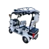 Rear view of white electric passenger tricycle with spare tire and passenger configuration