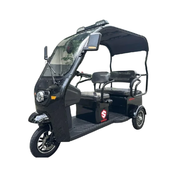 Angled view of electric passenger tricycle with roof and rear seating for transport