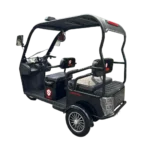 Angled rear view of electric passenger tricycle with canopy and multi-passenger seating