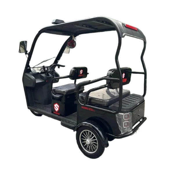 Angled rear view of electric passenger tricycle with canopy and multi-passenger seating