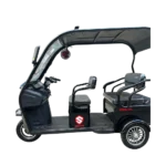 Side view of electric passenger tricycle with roof and open passenger area