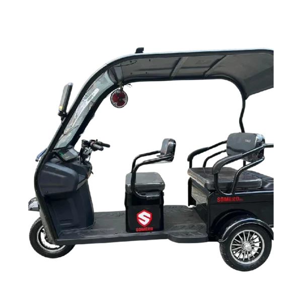 Side view of electric passenger tricycle with roof and open passenger area