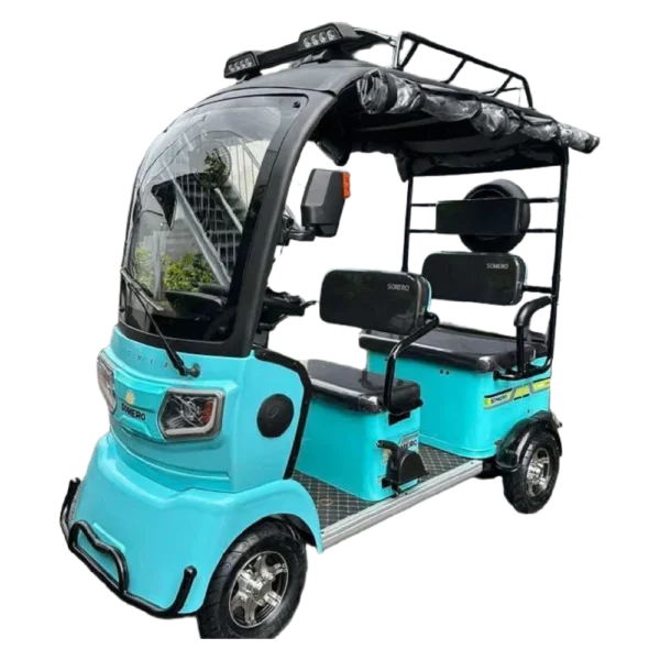 Blue electric passenger tricycle angled view with roof and modern transport design